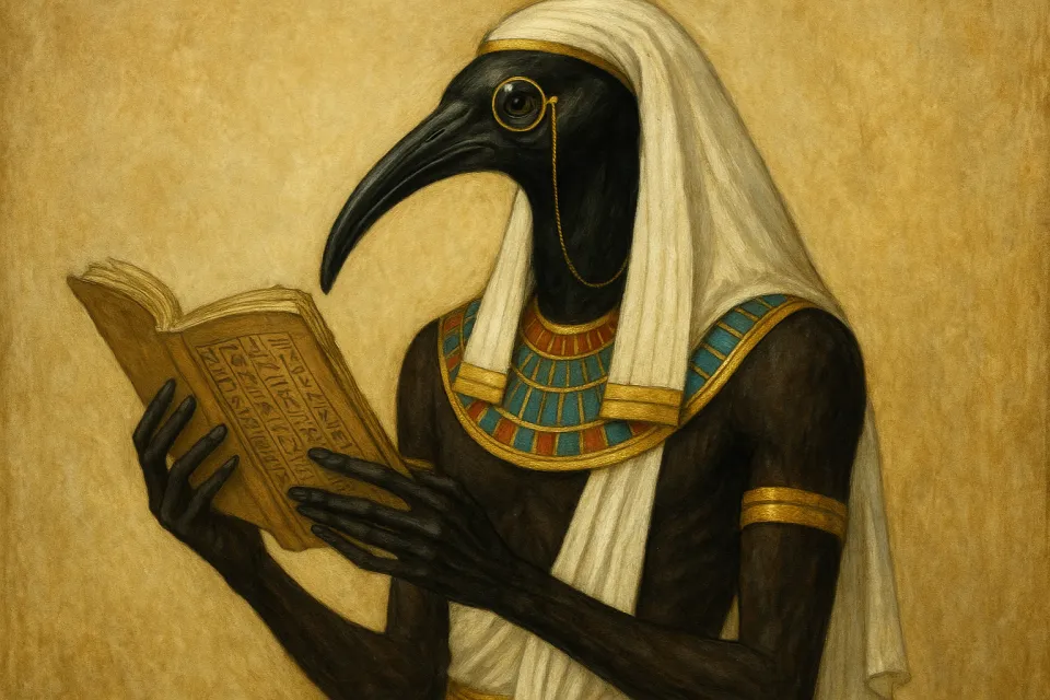 A figure with a raven's head reading Egyptian hieroglyphs