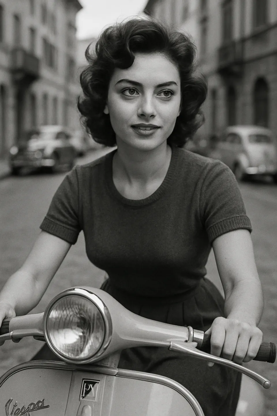 Fotografía en blanco y negro de una chica en un scooter Vespa