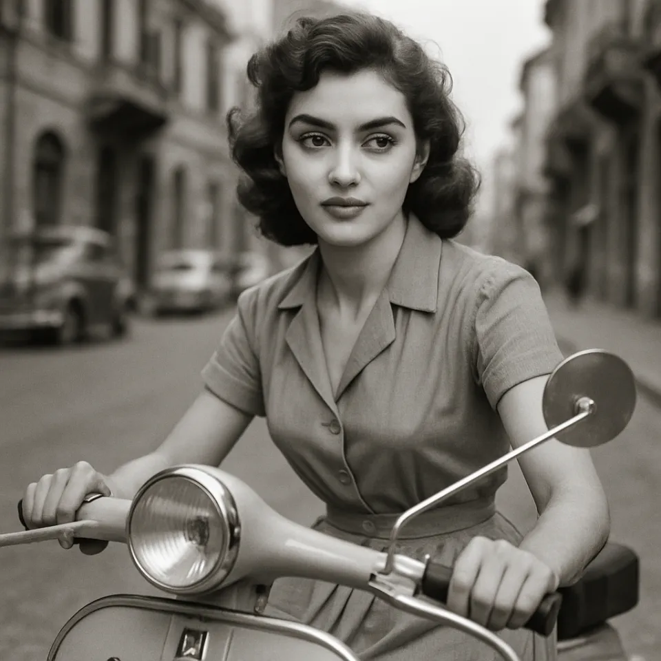 Mujer con cabello rizado manejando un scooter en la calle de una ciudad histórica