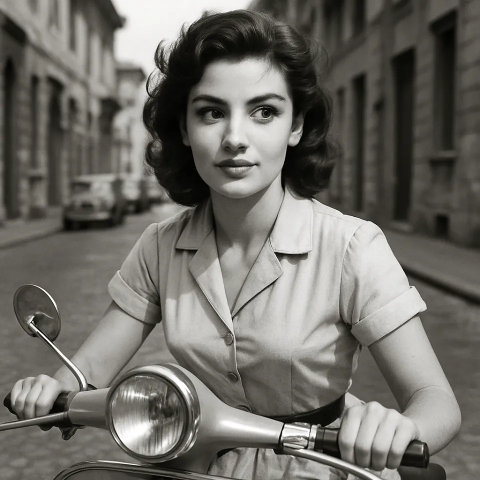 Black-and-white image of a girl on a scooter in a narrow street