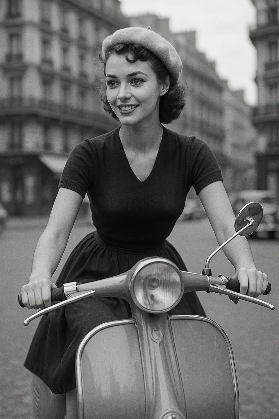 Imagen de una mujer en scooter en blanco y negro con fondo de calles de la ciudad