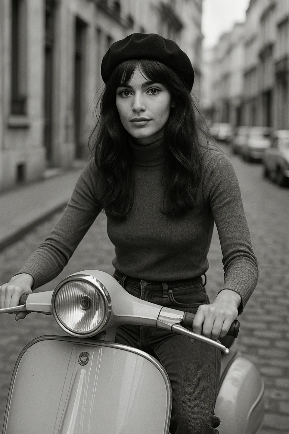 Woman in a Beret and Sweater on a Scooter in the City Street