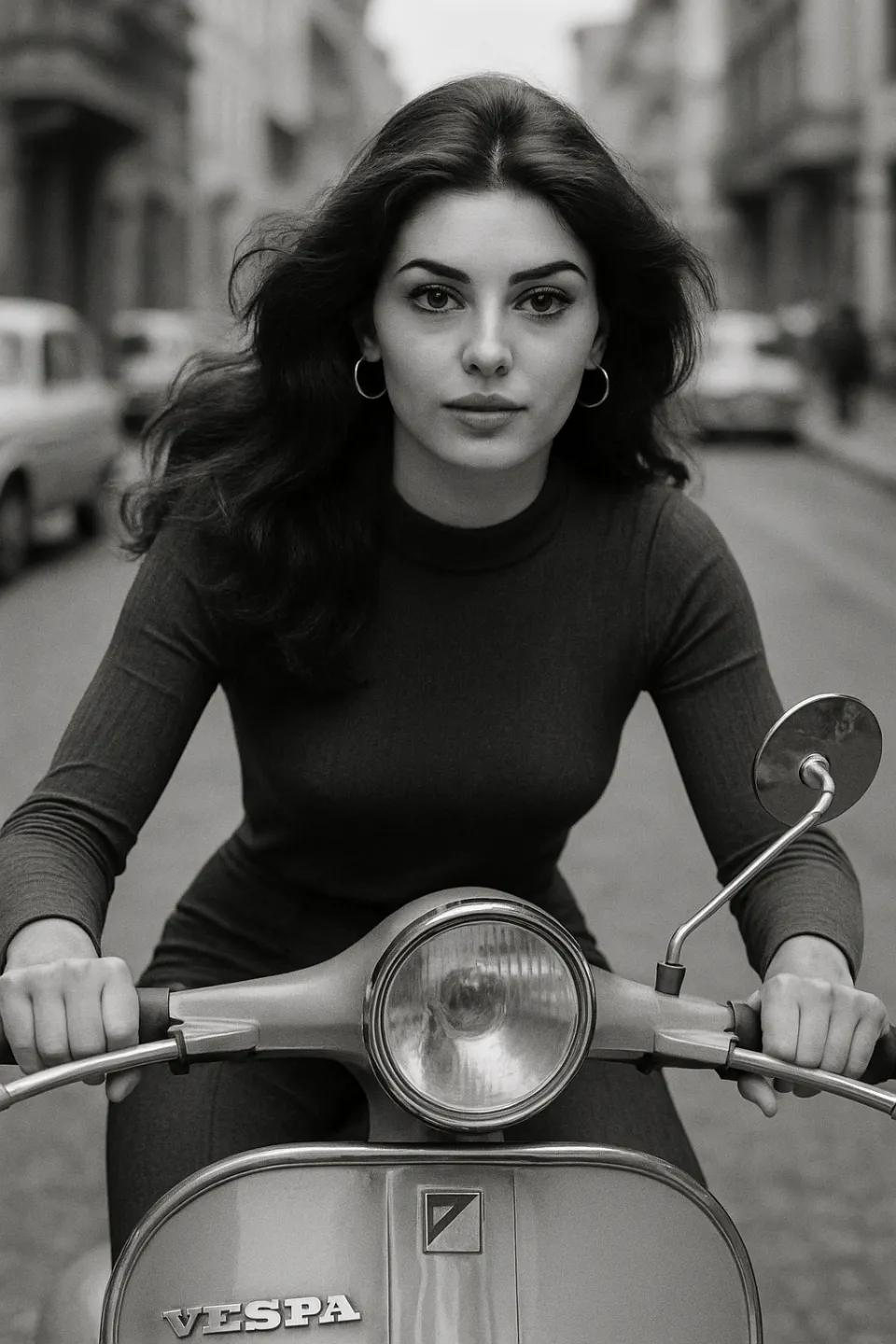 Woman with long hair riding a Vespa scooter down a city street