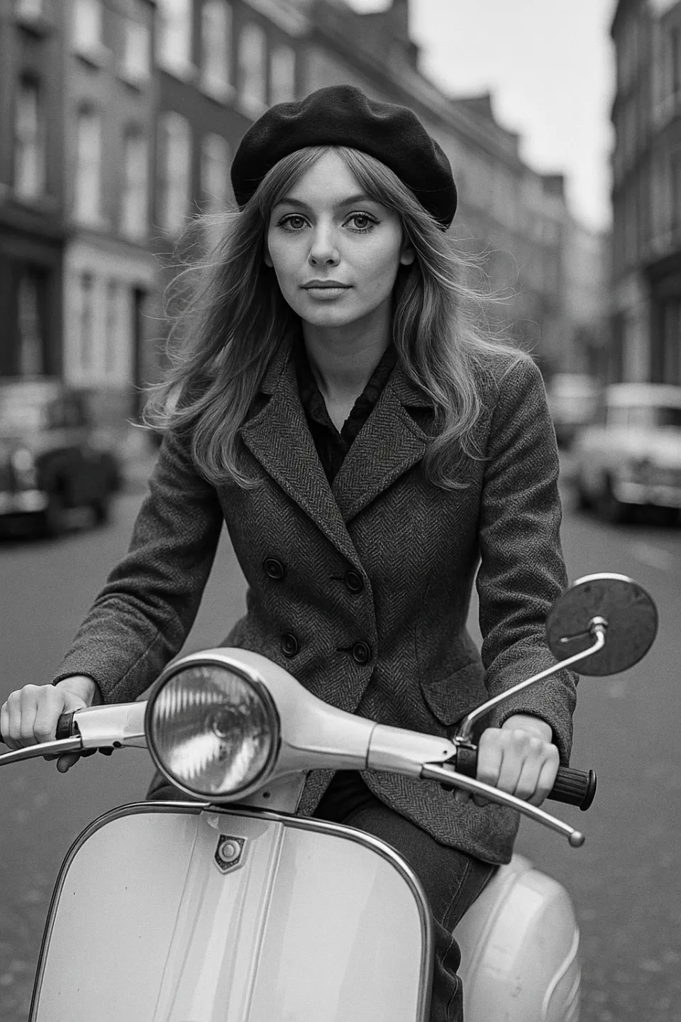 Chica con boina y abrigo conduciendo un scooter retro en la calle de la ciudad