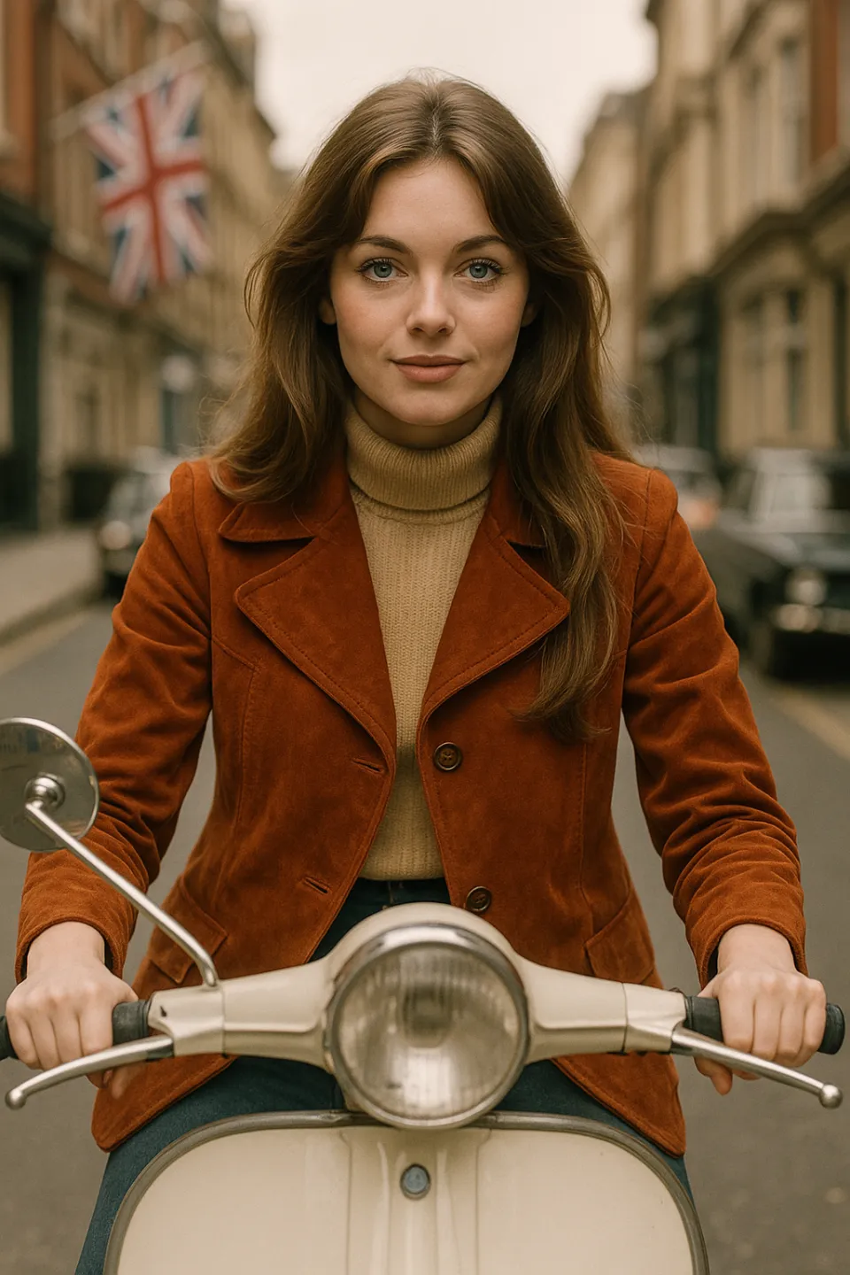 Young woman on a scooter in the streets of London with the flag of the United Kingdom
