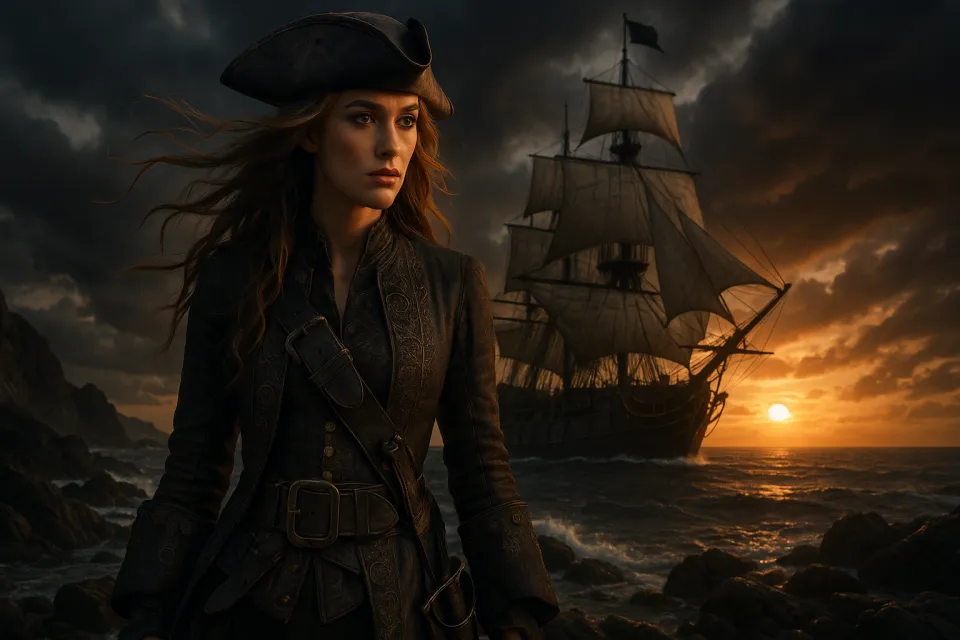 Mujer pirata con cabello largo y un barco al fondo del atardecer
