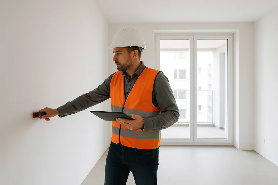 Persona con casco de construcción y chaleco midiendo paredes con un nivel láser en el interior