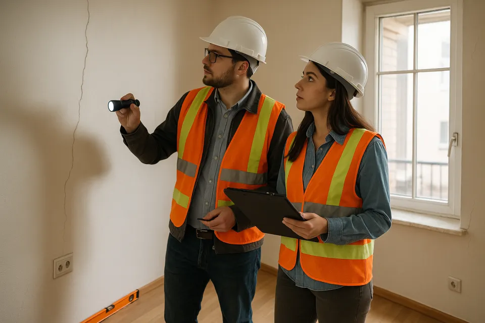 Workers in protective clothing checking the walls for cracks