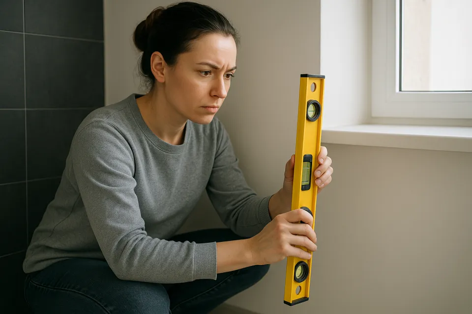 A woman holding a level tool checks the window for evenness