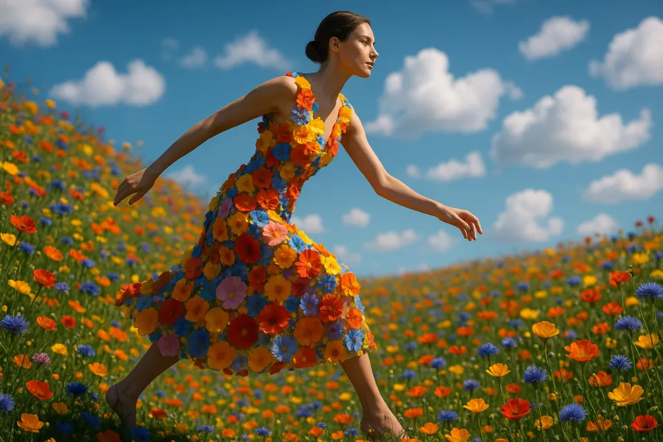 Joven mujer en un vestido colorido de flores entre campos en flor