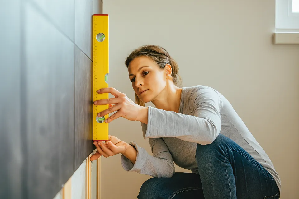 The process of laying tiles using a construction level