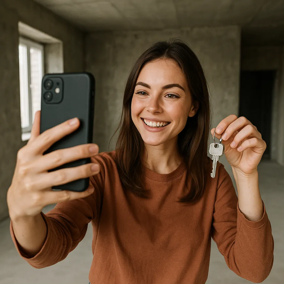 Una joven sonriente que sostiene llaves y se toma un selfie en un espacio vacío