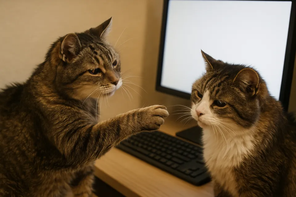 Gatos interactuando entre sí frente a la computadora