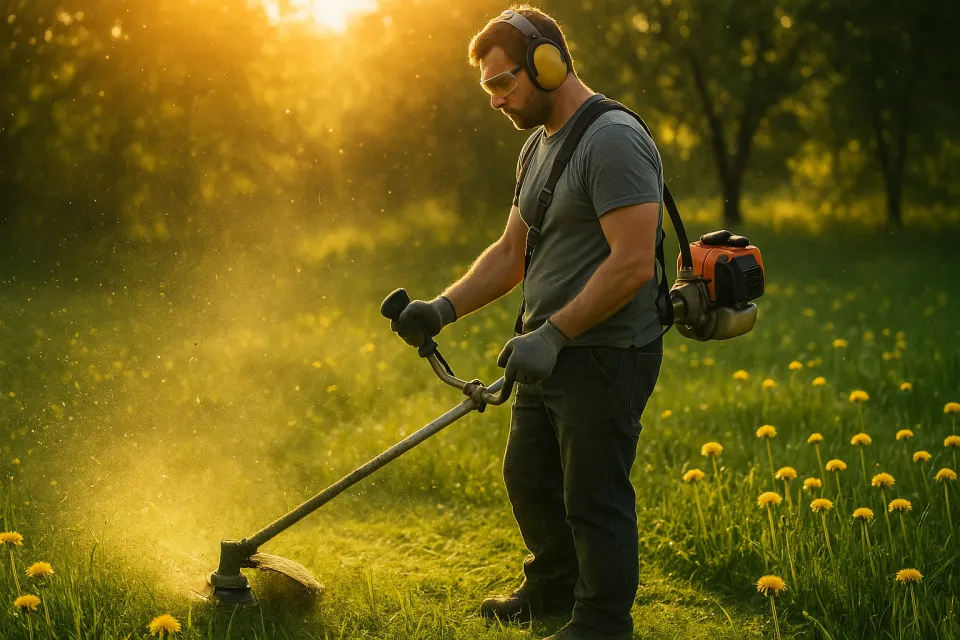 Working man on a lawn with a gasoline mower and dandelion flowers