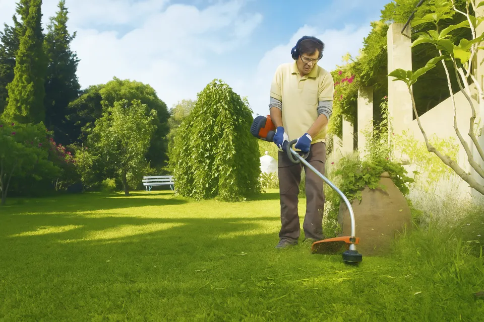 Jardinero usando un cortacésped eléctrico para recortar el césped en un jardín verde