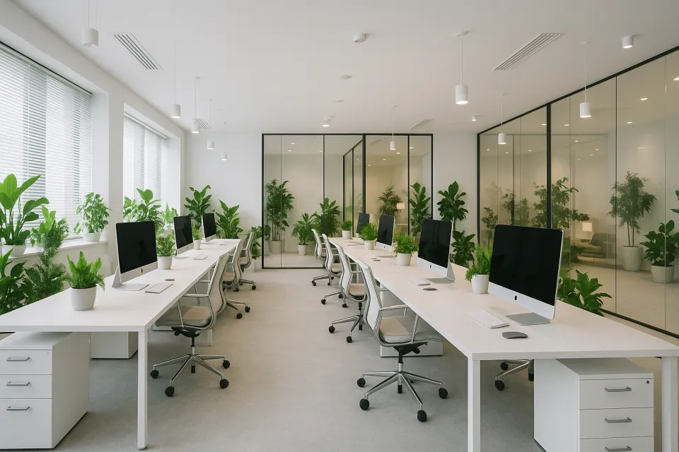 Bright office with modern computers and plants