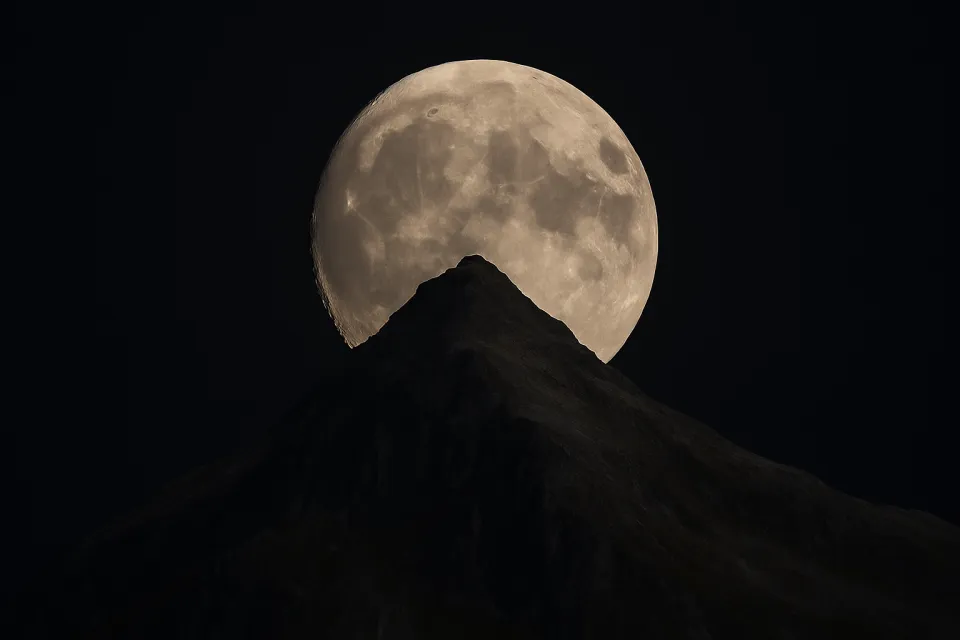 Stunning view of the full moon over the mountain peak in the darkness