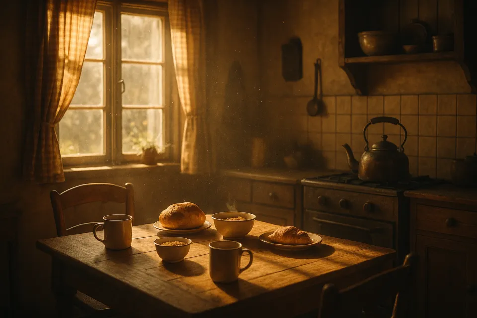 Kitchen table with pastries, cups, and soft light