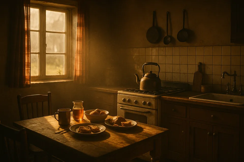 Cocina cálida y acogedora con mesa de madera y té casero