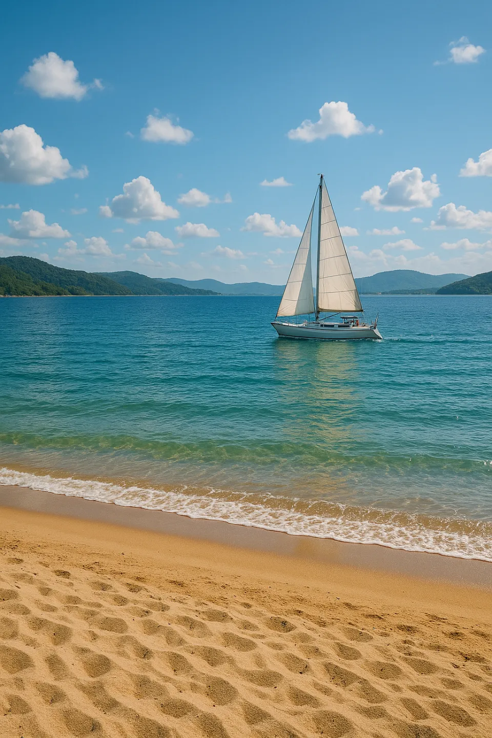 Yacht with white sails against a turquoise sea and cloudy sky