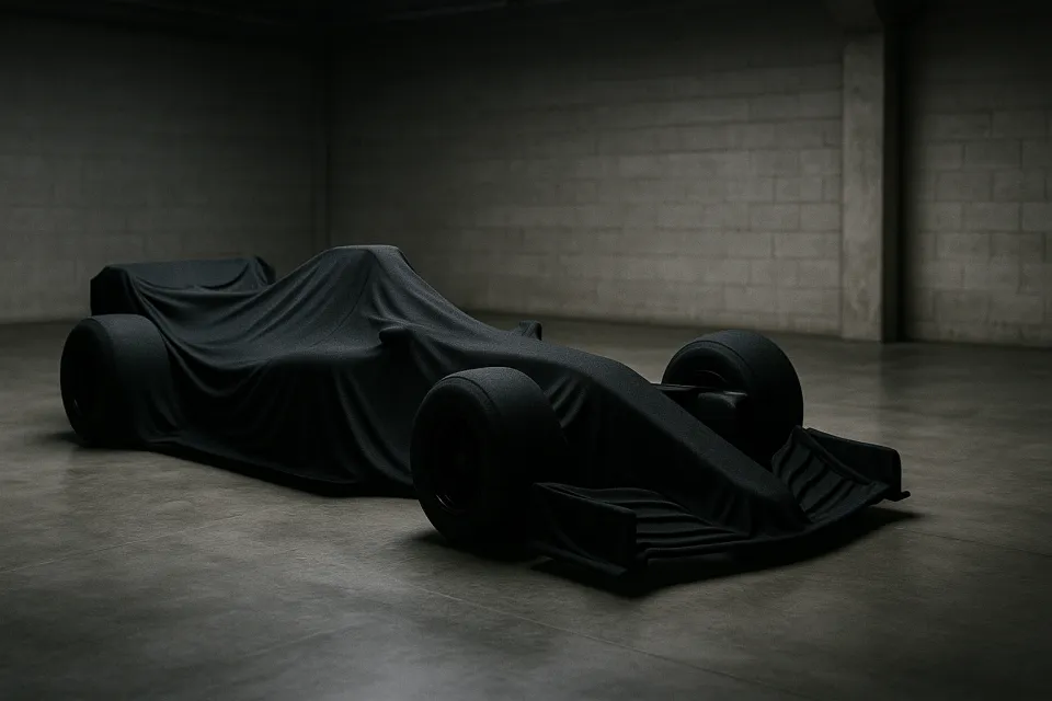 Coche de Fórmula 1 cubierto con una tela negra en el garaje