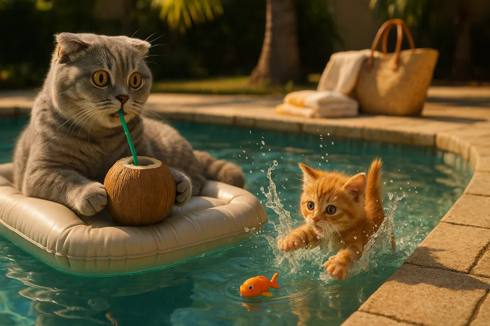 Gato gris con un coco y gatito pescador en la piscina