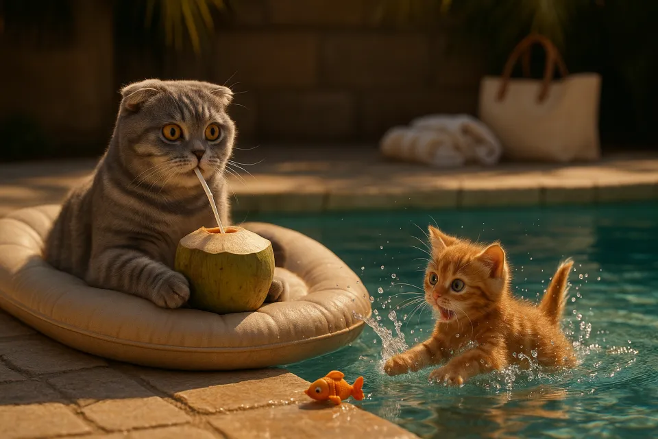 Two cats relaxing by the pool, one with a coconut, the other having fun in the water