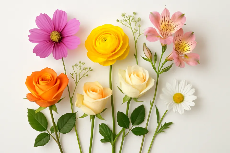 Composición de flores de colores sobre fondo claro, incluyendo rosas y margaritas
