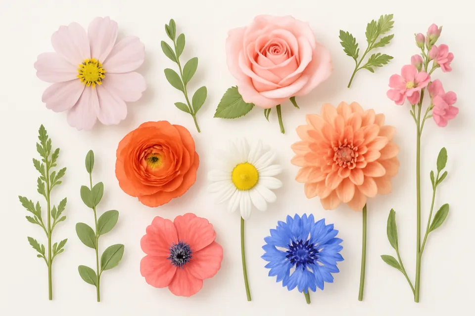 Assortment of spring flowers, including roses, daisies, and green branches