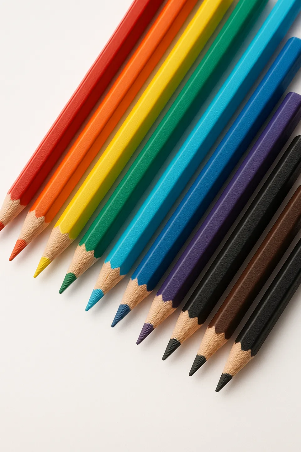Conjunto de lápices de colores de diferentes longitudes y colores sobre un fondo blanco