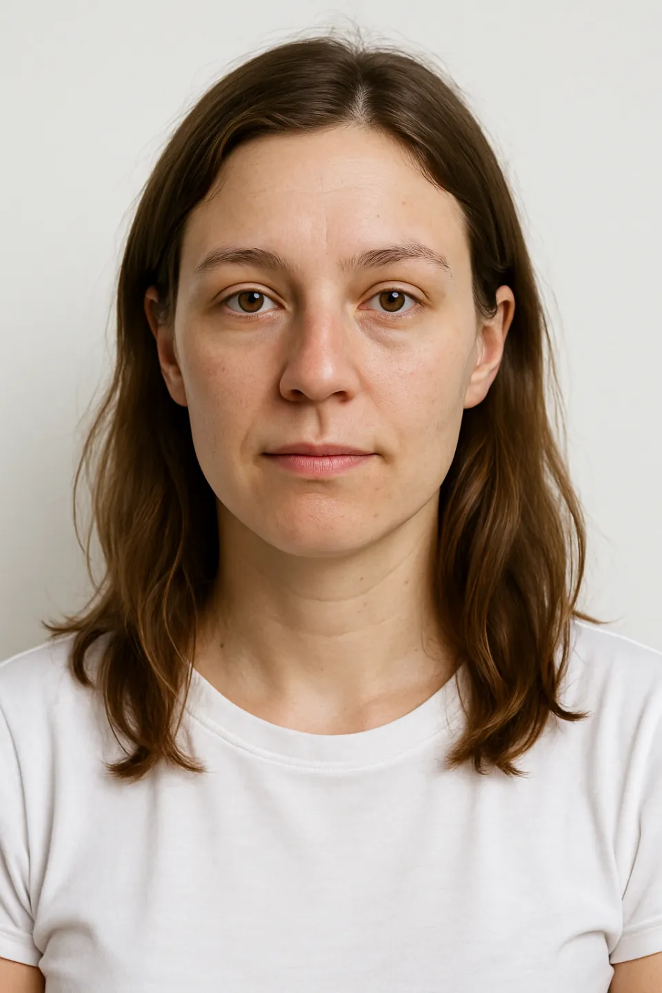 Mujer con cabello largo, fotografiada contra un fondo uniforme