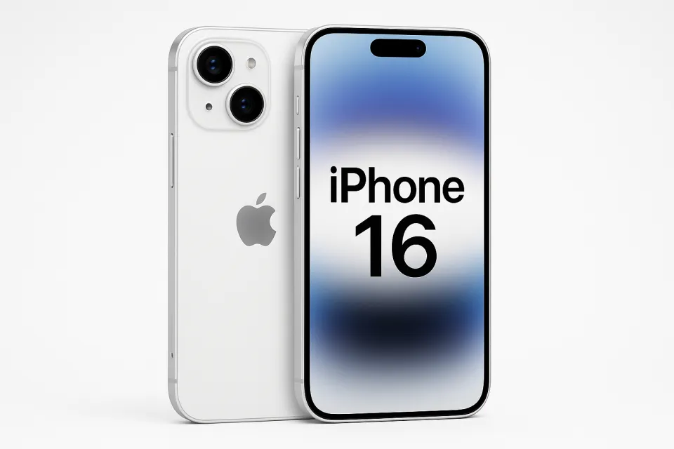 Изображение нового iPhone 16 с белым корпусом и экраном