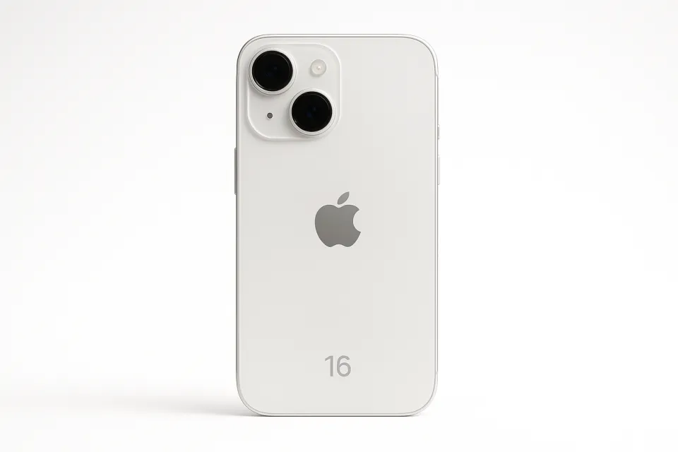 White Apple iPhone 14 smartphone with two cameras