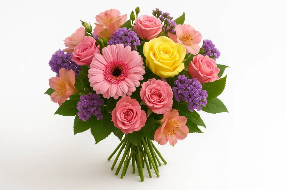 Bouquet of various flowers: roses, gerberas, and alstroemerias