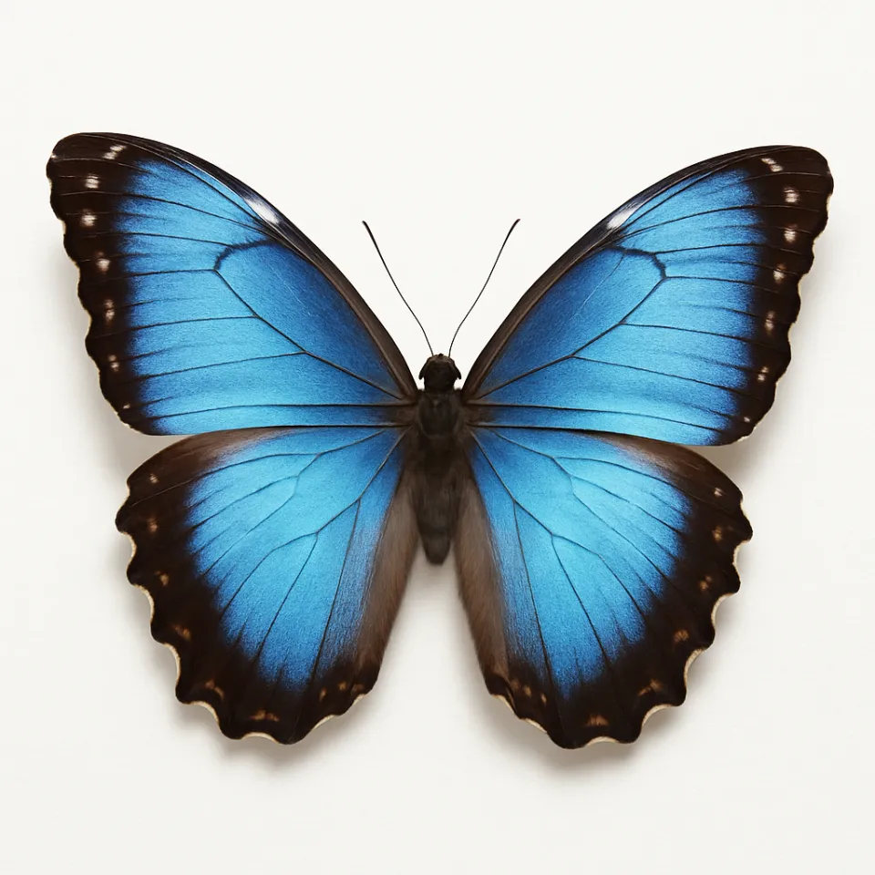Blue butterfly with large wings on a white background