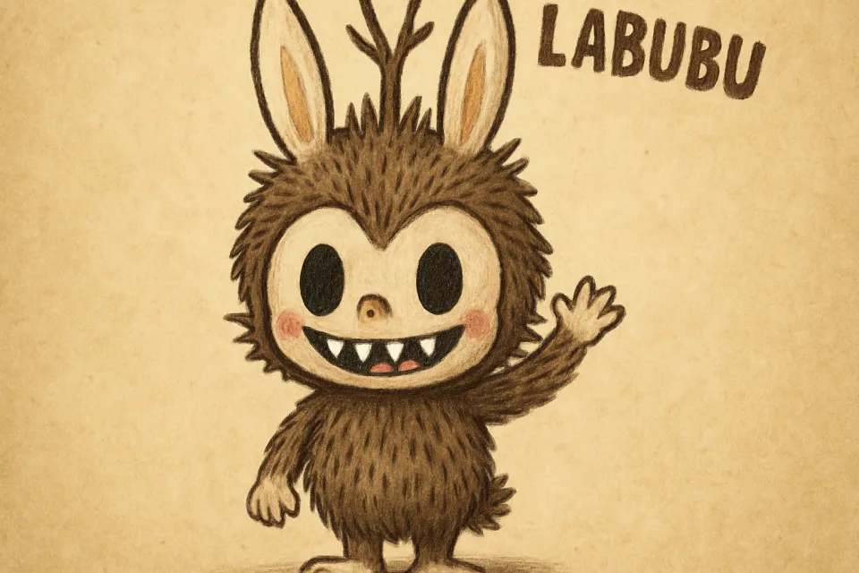Image of cartoon character Labubu with raised hand and bunny ears