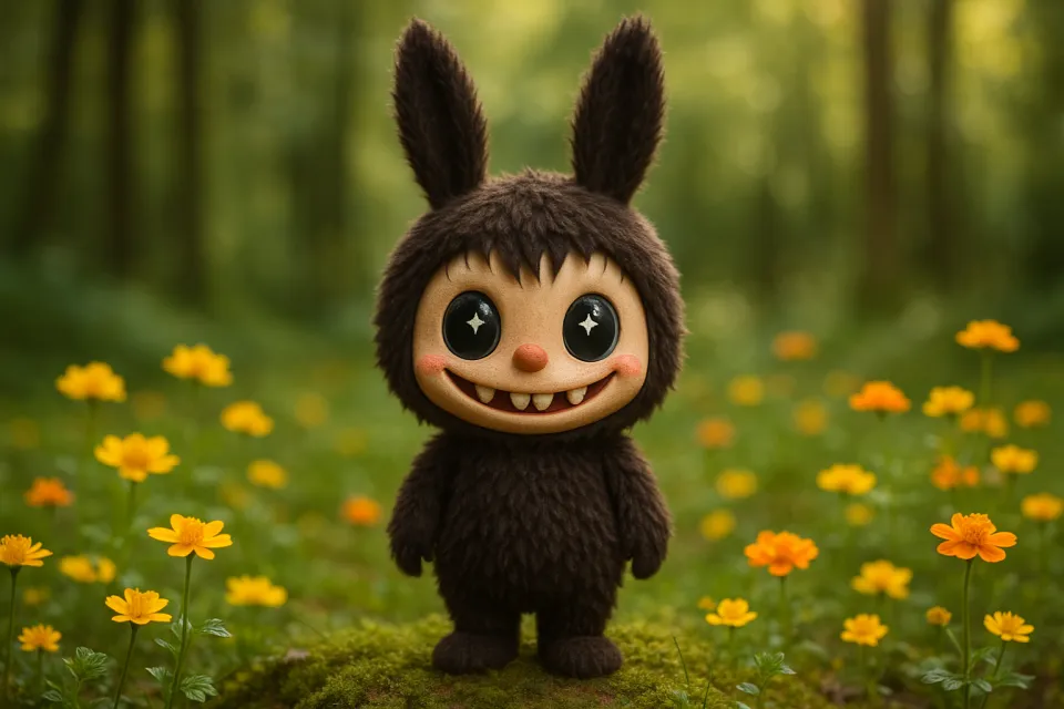 Fantastic Creature with Big Eyes Against a Blooming Forest Background
