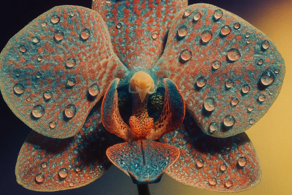 Detailed image of an orchid with vibrant colors and water droplets on the petals