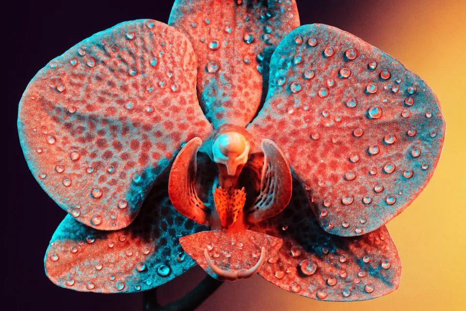 Close-up of a bright orchid with water droplets on its petals