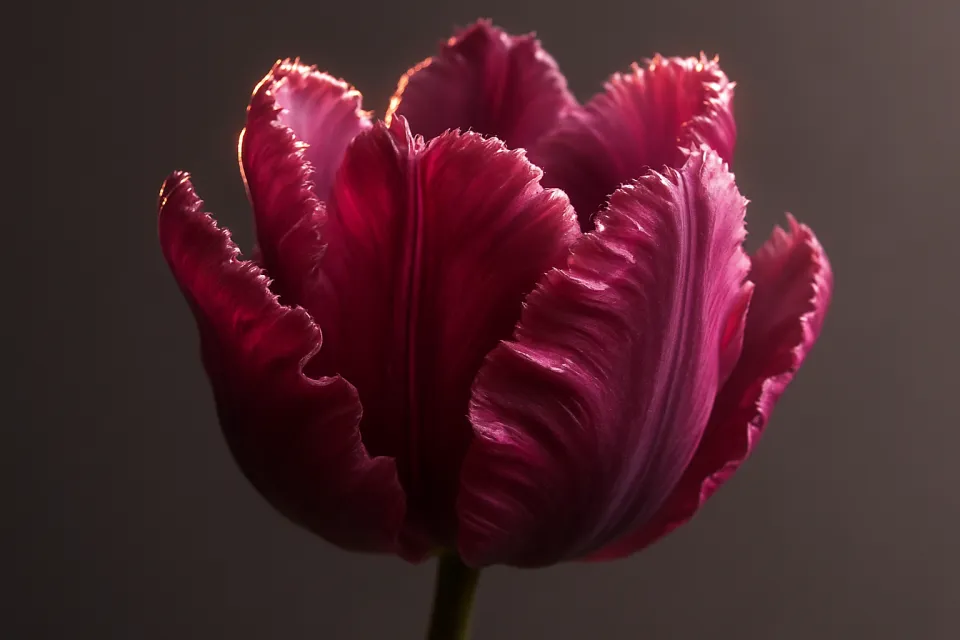 Elegante tulipán púrpura con pétalos brillantes sobre un fondo neutro