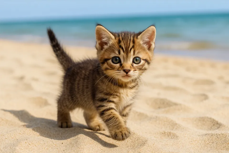 Gatito atigrado paseando por la playa de arena