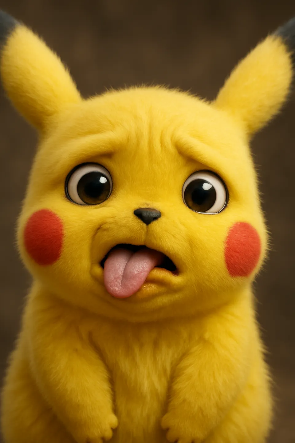 Pikachu looks very funny with its tongue out and a sad expression