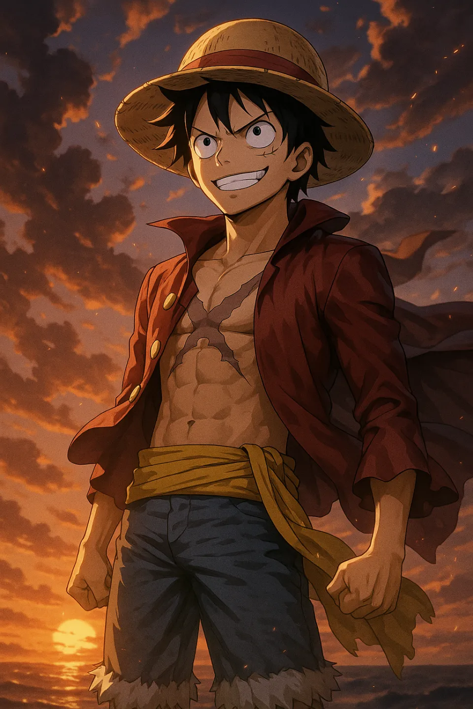 Luffy de 'One Piece' de pie frente al atardecer con nubes de fondo