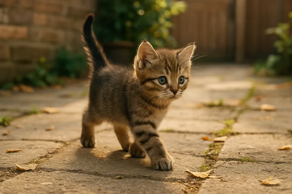 Pequeño gato con ojos azules paseando por la acera