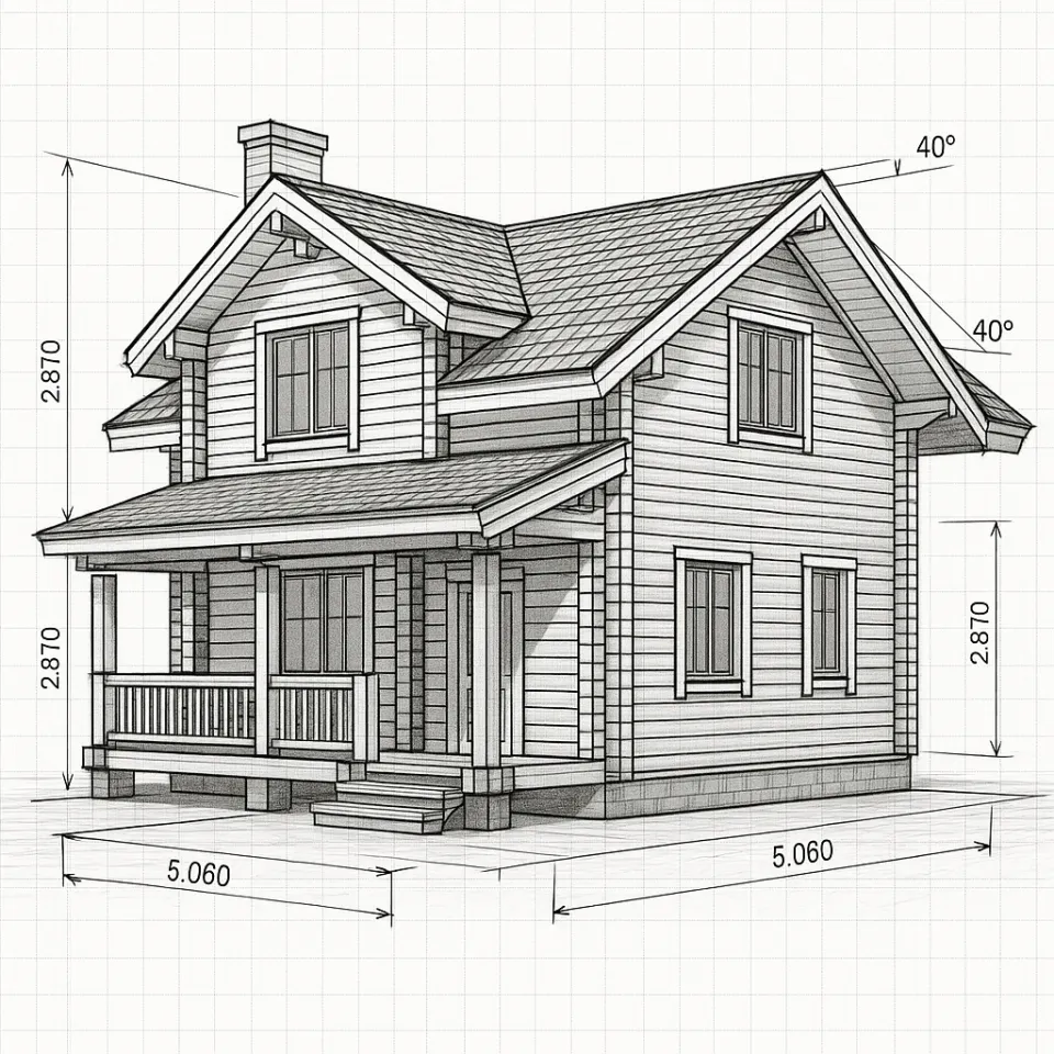 Schematic drawing of a house with dimensions and architectural elements