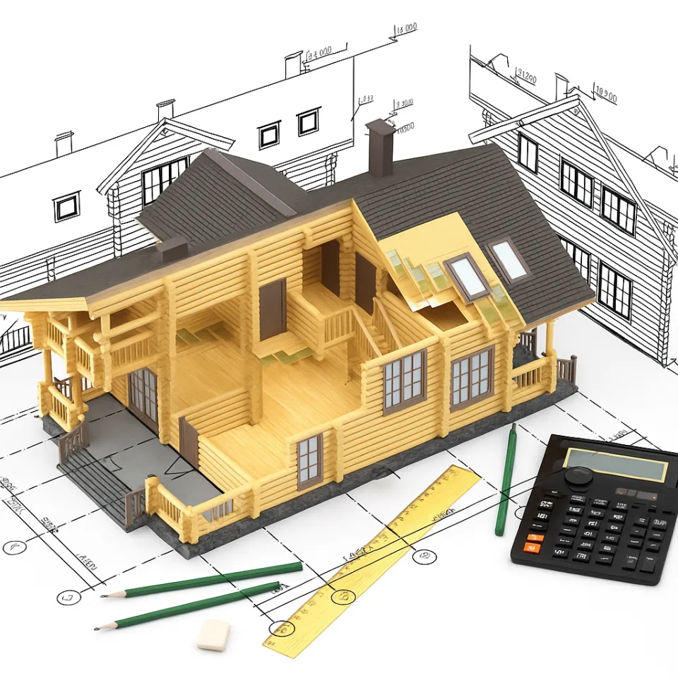 Modelo detallado de casa de madera sobre un fondo de planos arquitectónicos y herramientas de dibujo