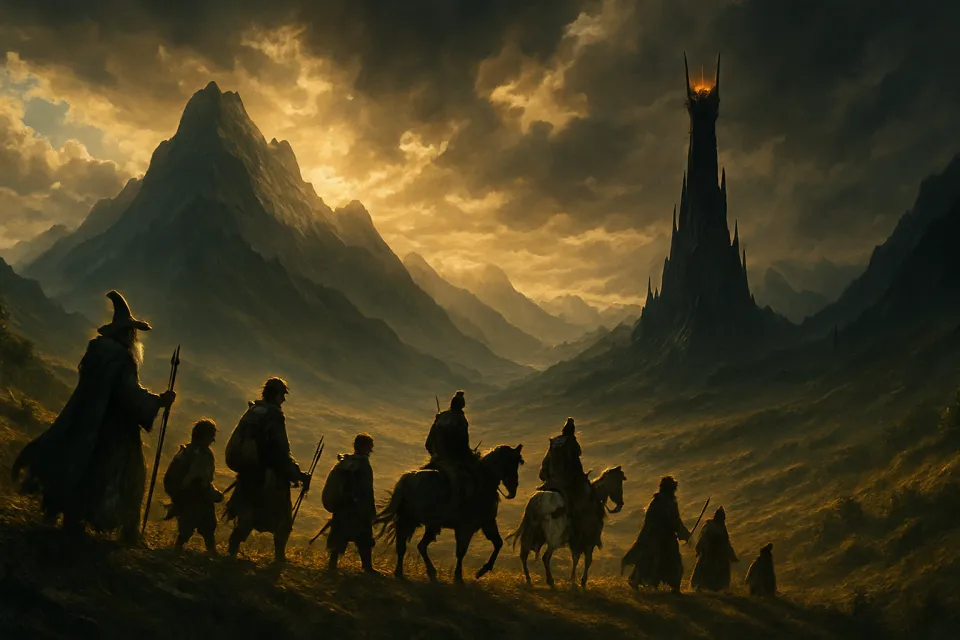 A group of heroes against the backdrop of the Dark Tower in a grim landscape