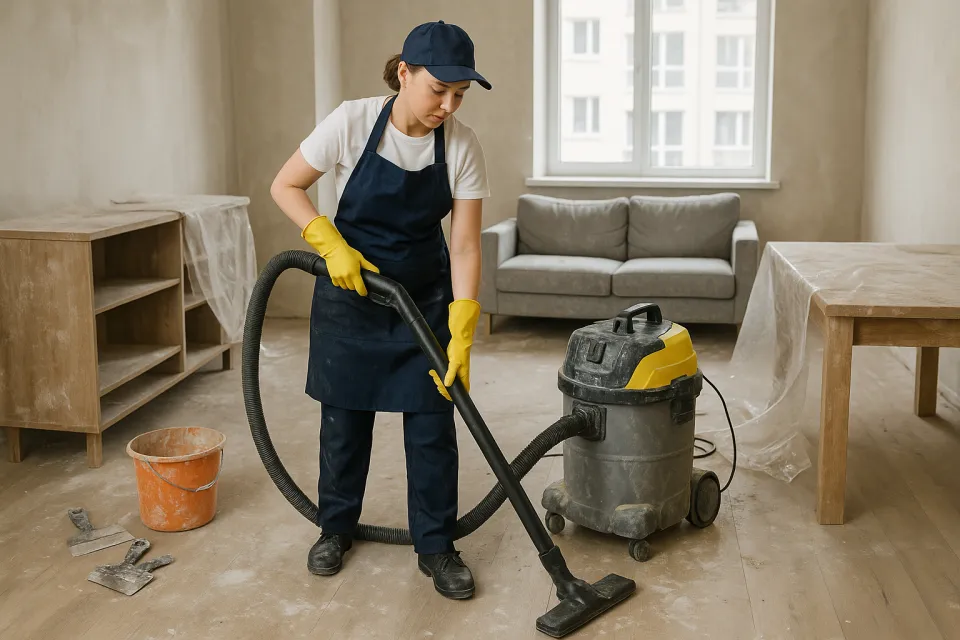 A woman is cleaning the room with a vacuum cleaner while wearing yellow gloves