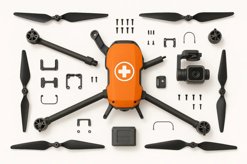 Disassembled drone with various parts and fasteners