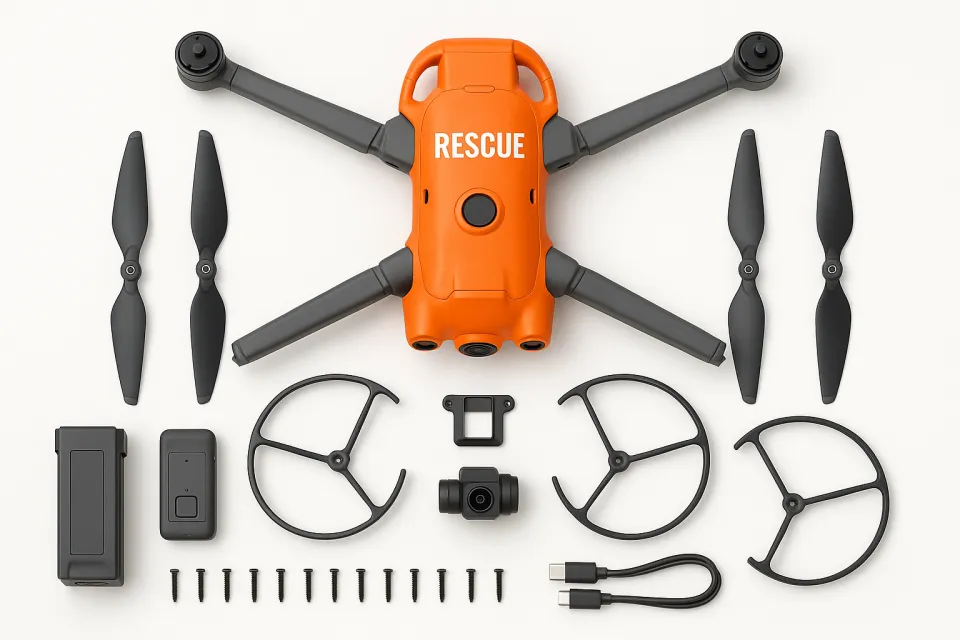 Equipment of the rescue drone with propellers and accessories